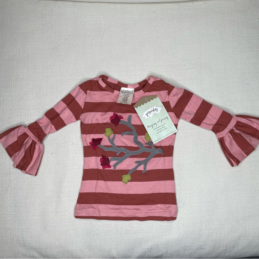Persnickety Autumn Splendor Ruffle Sleeve Tee Brown Pink Stripe Applique… - Picture 10 of 11